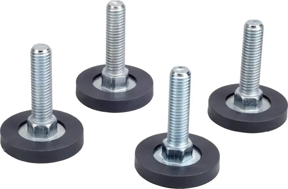 Vier Gerätefüße von Bosch, M10 Gewinde, mit gummiertem Unterbau. Die Füße sind mit einer Metallmutter und einem gewellten Ansatz versehen. Ideal für stabile Montagen.